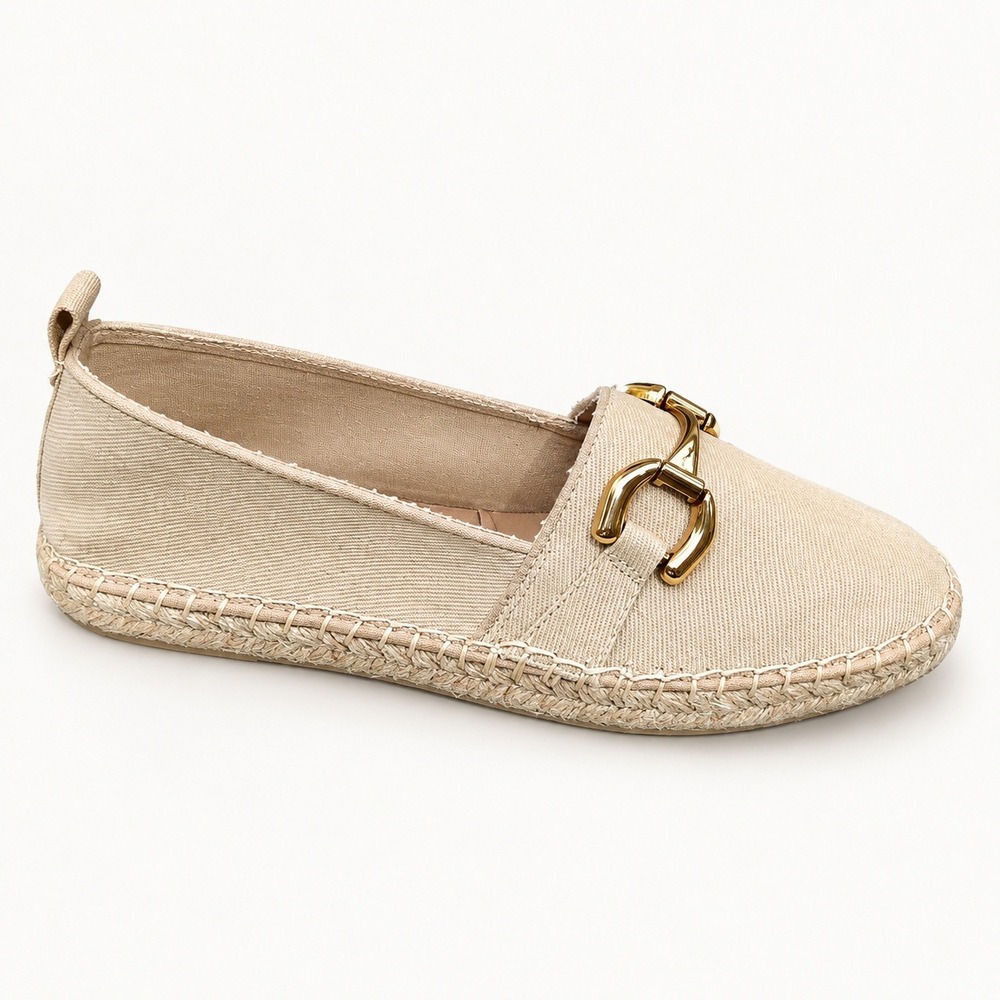 Zara Beige Canvas Espadrille Loafers Gold Horsebit Hardware Flat Shoes Size 41